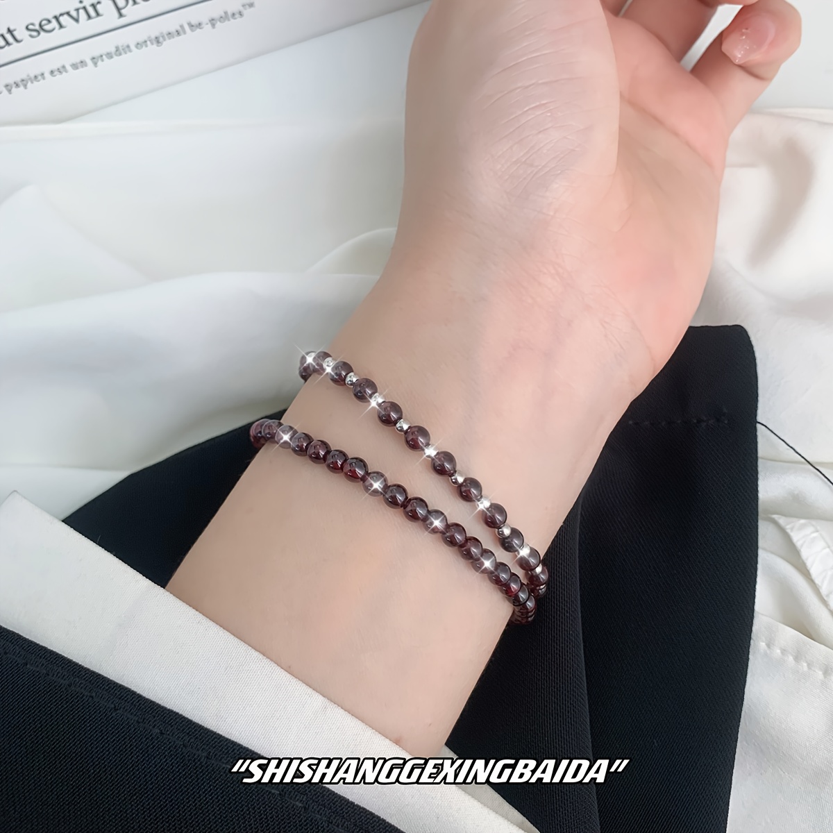 Sterling Silver Garnet Bead Bracelet - Adjustable Round Bracelet
